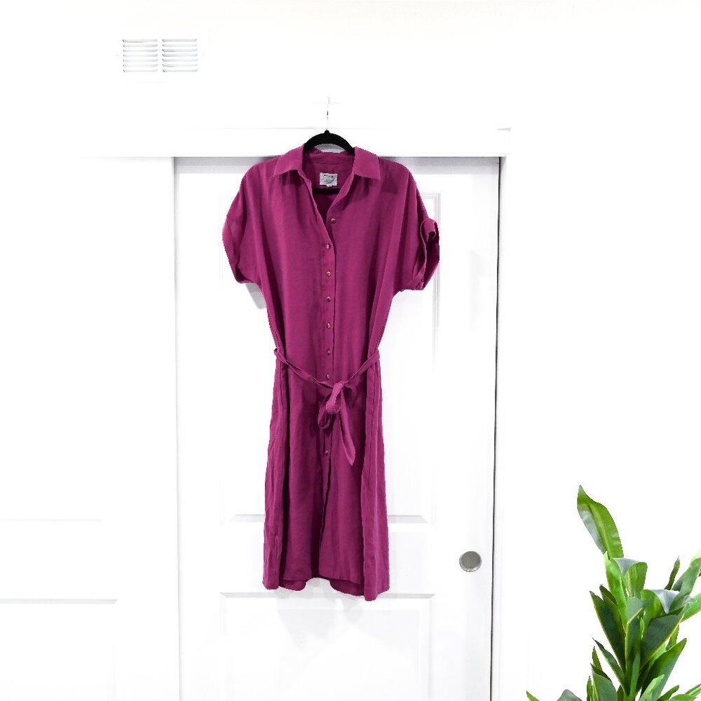 Maison 123 Small Belted Button Down Shirt Dress in Purple Pink